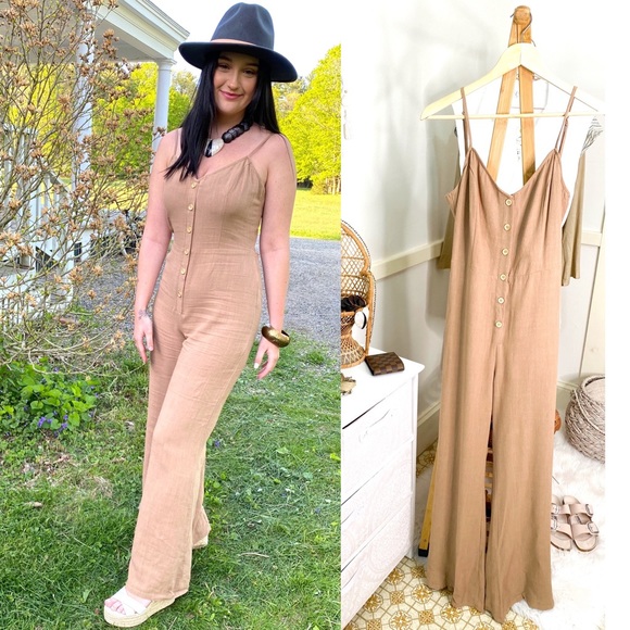 POGUE Jumpsuit tie-back flare linen natural coffee - Picture 5 of 11